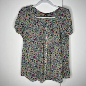 Boden Hand Drawn Colorful Flowers Womens Button Front Blouse 18